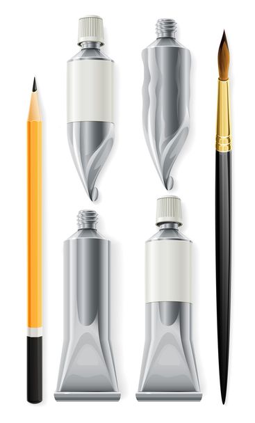 herramientas de artista lápiz tubos con pintura y cepillo - Vector, Imagen