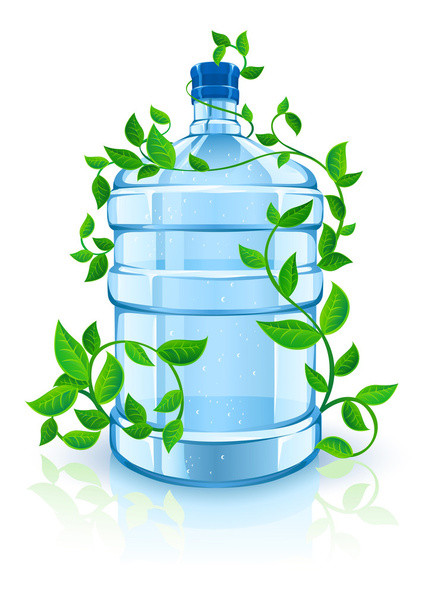 grote fles met schone blauwe water drinken en groen gebladerte - Vector, afbeelding