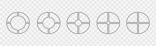 Grafiche ciambelle divise su 4 parti uguali. Set di ruote infografiche segmentate in quattro frazioni. Diagrammi circolari o barre di carico isolate su sfondo trasparente. Illustrazione dello schema vettoriale - Vettoriali, immagini