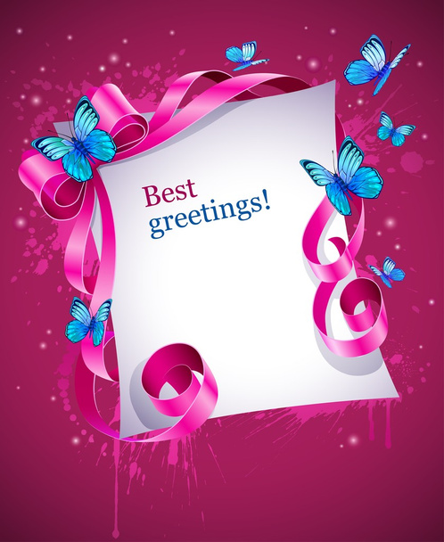 tarjeta de felicitación con moño rosa y mariposa azul - Vector, imagen