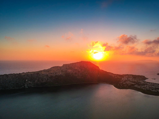 Panoramic aerial view of voidokilia beach, one of the best beaches in Europe. Beautiful lagoon of Voidokilia from a high point of view at sunset in Messinia, Greece, Europe. - Photo, Image