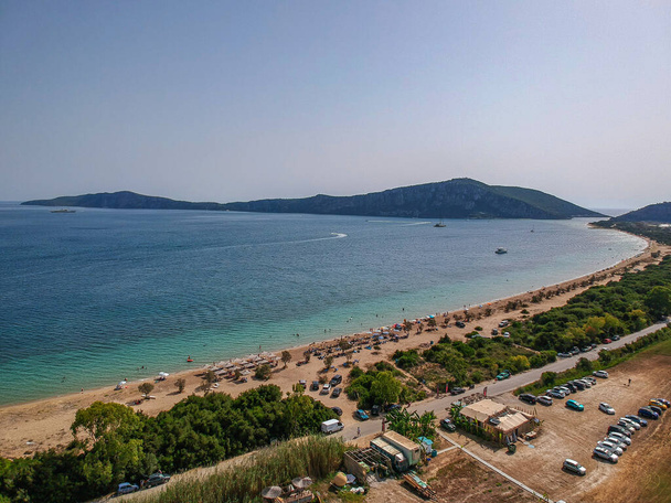 Panoramic aerial view over Divari beach near Navarino bay, Gialova. It is one of the best beaches in mediterranean Europe. Beautiful lagoon near Voidokilia from a high point of view, Messinia, Greece. - Photo, Image