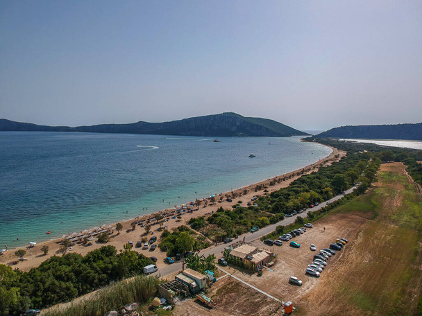 Panoramic aerial view over Divari beach near Navarino bay, Gialova. It is one of the best beaches in mediterranean Europe. Beautiful lagoon near Voidokilia from a high point of view, Messinia, Greece. - Photo, Image