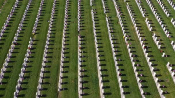 Drone aéreo acima de um cemitério militar Voando suas próprias fileiras de lápides - Filmagem, Vídeo