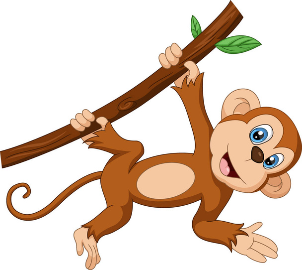 Ilustración vectorial de dibujos animados lindo mono en rama de árbol - Vector, imagen