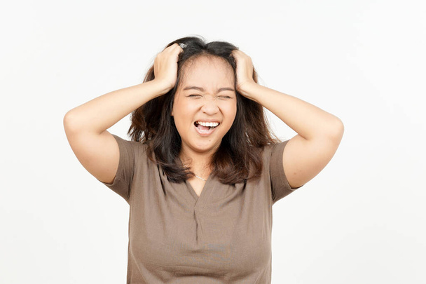 Angry Stressed and Pull Hair of Beautiful Asian Woman Isolated On White Background - Φωτογραφία, εικόνα