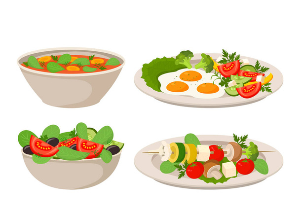 Vegane Gerichte vorhanden. Gemüsesalat, Tomatensuppe, gegrilltes Gemüse mit Gemüse, Rührei mit Brokkoli. Vektor-Illustration isoliert auf weißem Hintergrund - Vektor, Bild