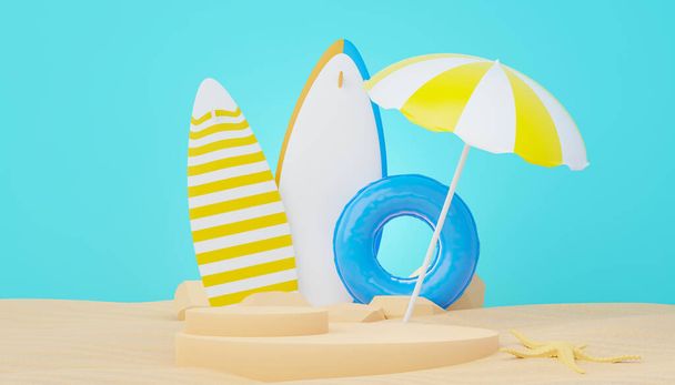 3d renderizado verano venta podio soporte para mostrar el producto. Escena de vacaciones de playa en verano para maqueta. - Foto, imagen