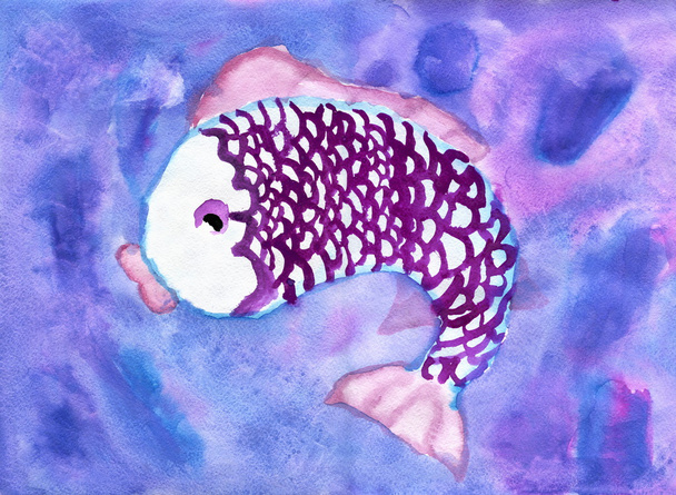 Dessin d'enfant de poissons violets, aquarelle
 - Photo, image