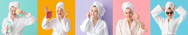 Set of beautiful women in bathrobes, with towels, cosmetics, brushes, alarm clock, makeup sponge and sunglasses on color background - Photo, Image