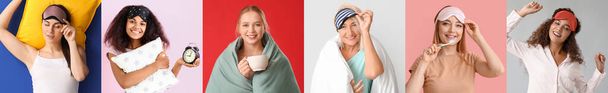 Σύνολο από όμορφες γυναίκες με πιτζάμες, με μάσκες ύπνου, μαξιλάρια, φλιτζάνι καφέ, κουβέρτα, οδοντόβουρτσα και ξυπνητήρι στο φόντο χρώμα - Φωτογραφία, εικόνα