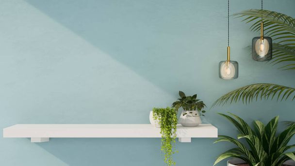 Przestrzeń do wyświetlania produktów na nowoczesnej białej półce ściennej z minimalnymi roślinami dekoracyjnymi, pomieszczeniami i nowoczesnymi lampami sufitowymi ze stylową niebieską ścianą. 3d renderowanie, ilustracja 3D - Zdjęcie, obraz