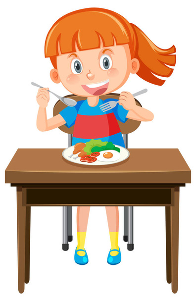 Счастливая девочка ест здоровый завтрак - Вектор,изображение