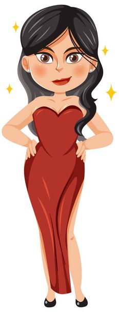 Beautiful woman in red dress cartoon character illustration - Vektör, Görsel