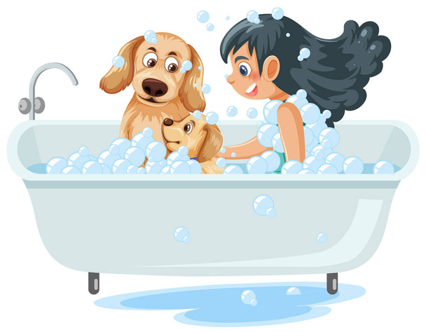 犬のイラストでお風呂に入る女の子 - ベクター画像