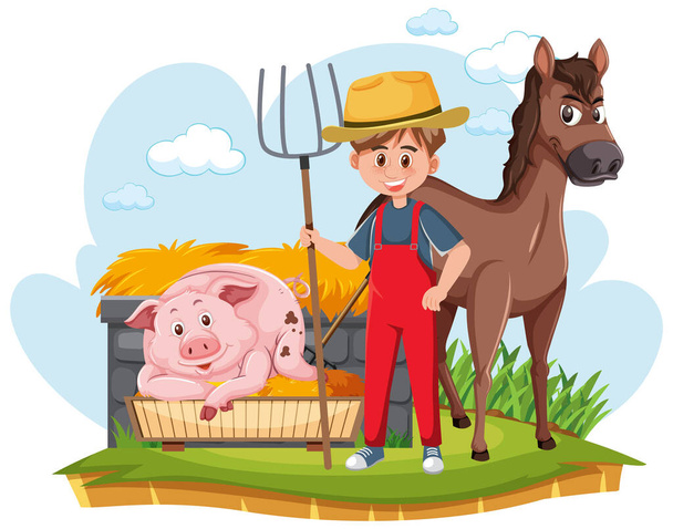 Agricultor com ilustração de porco e cavalo - Vetor, Imagem