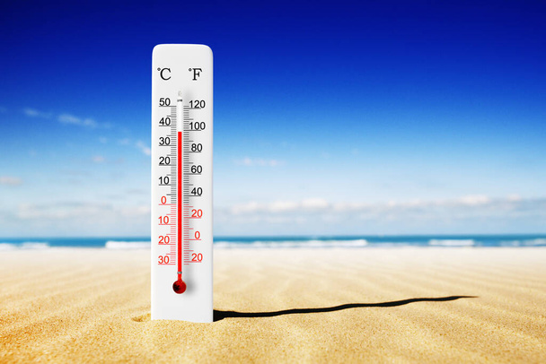 Gorący letni dzień. Termometr skali Celsjusza i Fahrenheita w piasku. Temperatura otoczenia plus 37 stopni  - Zdjęcie, obraz