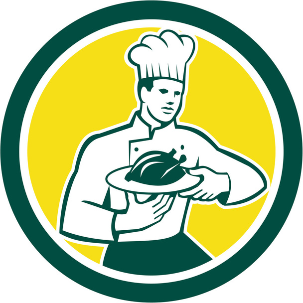 chef cozinheiro servindo frango prato círculo retro
 - Vetor, Imagem