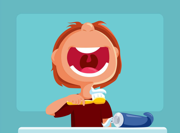 Happy Boy Brushing Teeth Vector Cartoon Drawing Illustration. Child taking care of oral health issue preventing cavities and gum problems - Wektor, obraz