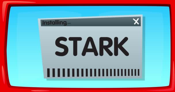 Pantalla de dibujos animados abstracta con la palabra Stark en una ventana de instalación. - Metraje, vídeo