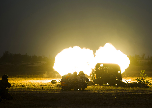 Schuss Artilleriefeuer mit Blitz - Foto, Bild