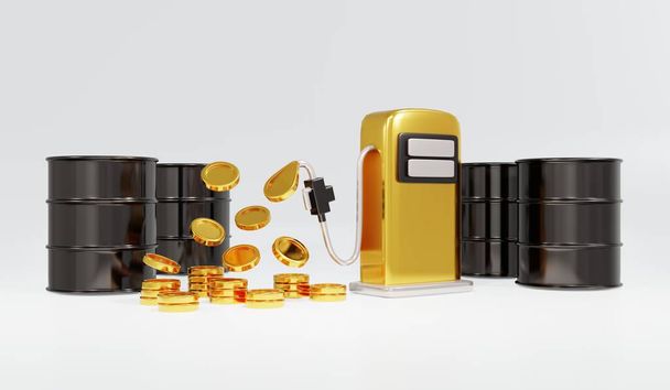 3D Renderöinti öljyn tynnyri ja polttoainepumppu suutin käteisellä käsite hyödykkeen öljyn osakkeen hinta taloudellinen. 3D Render kuvitus sarjakuva tyyli. - Valokuva, kuva