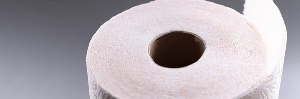 Рулон туалетной бумаги на сером фоне. Концепция продуктов личной гигиены - Фото, изображение