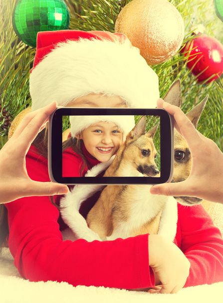 little girl in Christmas clothes holding his dog and photographe - Fotografie, Obrázek