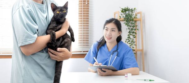 Κτηνίατρος ή νοσοκόμα των ζώων ελέγχει την υγεία της γάτας και Συμβουλευτικές ιδιοκτήτες κατοικίδιων ζώων για την υγεία των γατών στο νοσοκομείο, Αποθήκευση των ζώων, Φροντίδα και θεραπεία, Νοσοκομείο ζώων. - Φωτογραφία, εικόνα