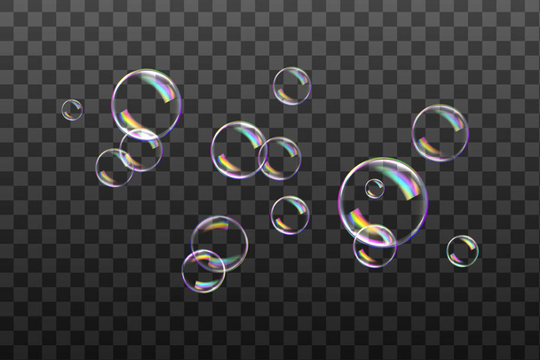 Reaistic farbige Bälle. Set von transparenten Seifenblasen auf kariertem Hintergrund. Vektor-Textur. - Vektor, Bild