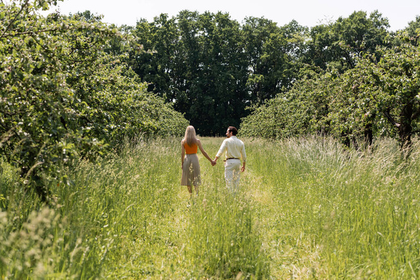 Romantic couple holding hands while walking on meadow in park  - Фото, изображение