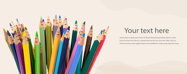 Diversity inclusion and equality concept. Group of smiling pencils representing men and women of different culture. Multicultural people concept.Racial equality.Banner copy space.Community - Foto, afbeelding