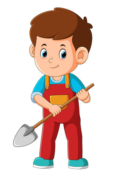 The farmer boy is holding the shovel for digging the ground of illustration - Вектор,изображение