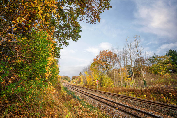 Железная дорога, проходящая через осенний цветной пейзаж с красочными деревьями осенью - Фото, изображение