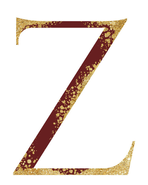 Dunkelrote und goldene glitzernde Großbuchstaben Z mit Dispergiereffekt isolierte Illustration. Festliches Alphabet-Element für Hochzeitskarten, Schreibwaren, Festkarten und Einladungen - Foto, Bild
