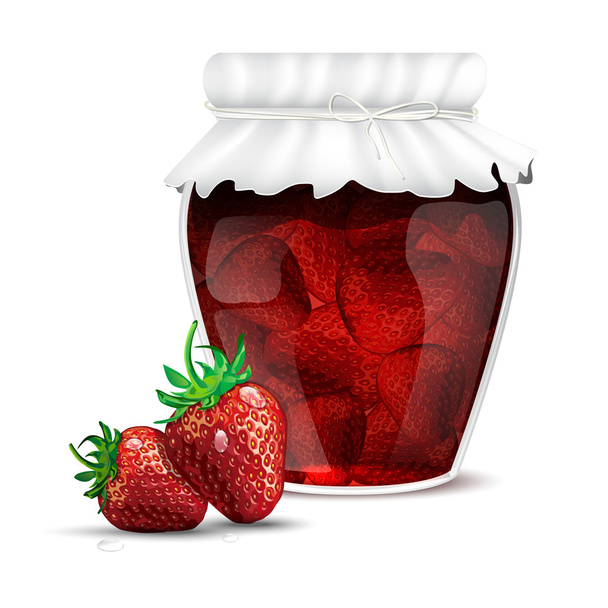 Mermelada de fresa en un frasco y fresas frescas
 - Vector, Imagen