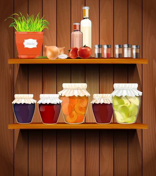Wooden shelves with the foods in the pantry - Vector, Image