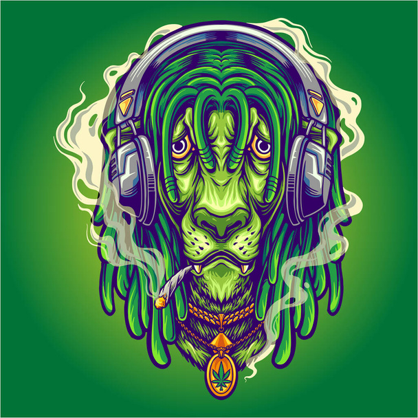 Funky Lion escucha música con ilustraciones vectoriales de marihuana humeante para su logotipo de trabajo, camiseta de mercancías, pegatinas y diseños de etiquetas, póster, tarjetas de felicitación publicidad empresa o marcas - Vector, Imagen