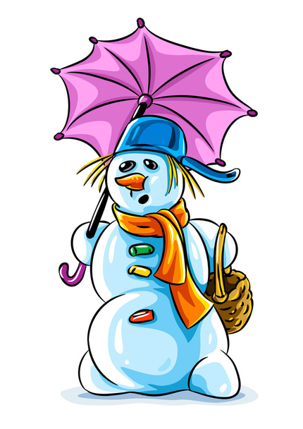 Vector invierno muñeco de nieve con paraguas rosa - Vector, Imagen