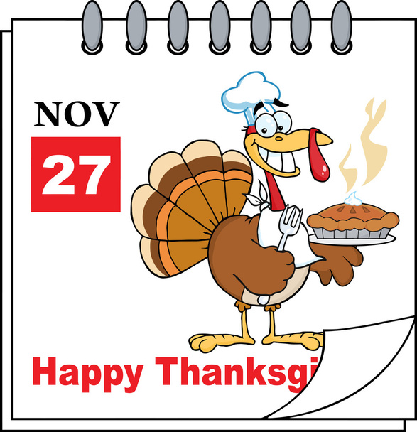 Cartoon  Page Turkey Chef With Pie And Happy Thanksgiving Greeting - Photo, Image