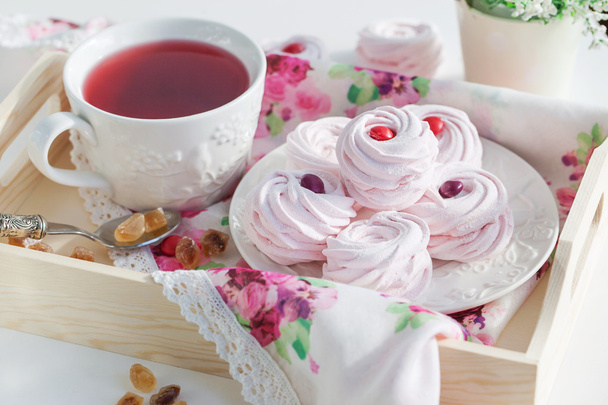 Homemade zefir (marshmallows) and cup of tea - Photo, Image