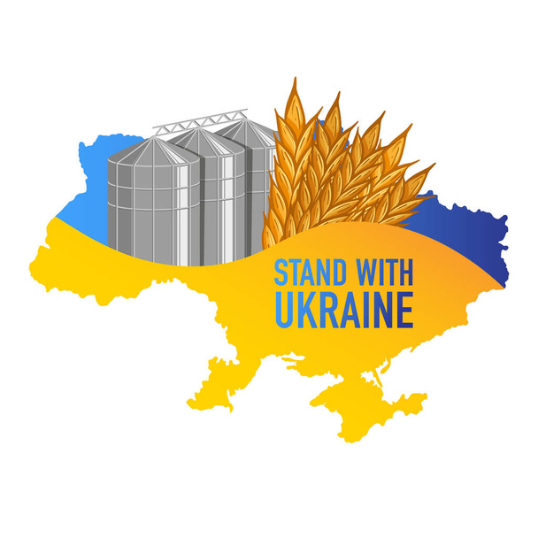 ウクライナ危機。小麦の貯蔵ウクライナ国旗で飾られた小麦とひまわりの耳の後ろのエレベーター。世界飢餓の脅威 - ベクター画像