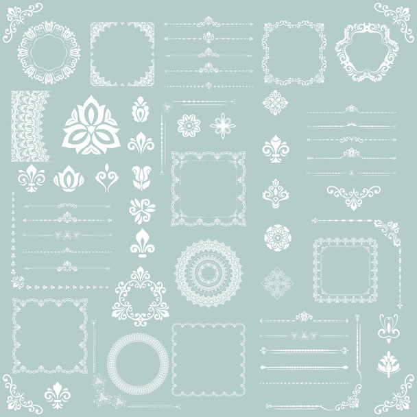 Vintage light blue and white set of vector horizontal, square and round elements. Elements for backgrounds, frames and monograms. Classic patterns. Set of vintage patterns - Vector, afbeelding