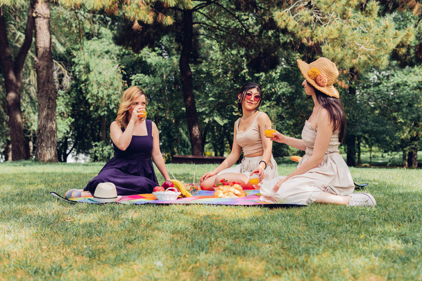 Diverse girlfriends in stylish outfits enjoying fresh juice and looking at each other while resting on grassy lawn during picnic in summer park - Photo, Image