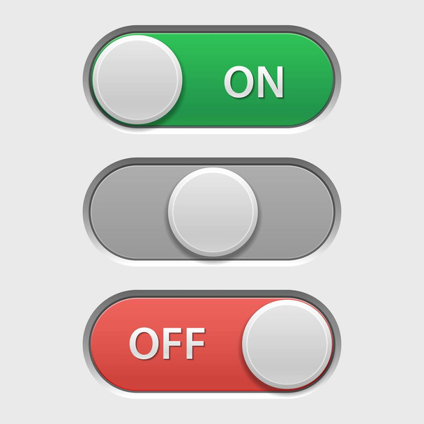 On off button. User interface switch for adjustment menu in on, neutral, and off option positions, modern web and phone UI elements. Vector set. Equipment panel with active and in active settings - Vector, imagen