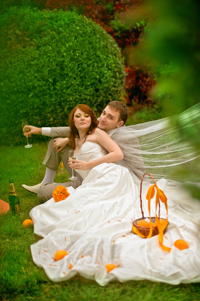 Joyful bride and groom on grass in park - Fotó, kép