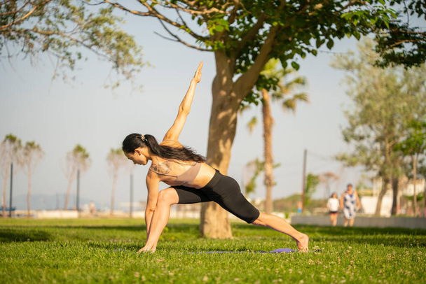 Jeune femme sportive faisant du yoga dans le parc le matin - Photo, image