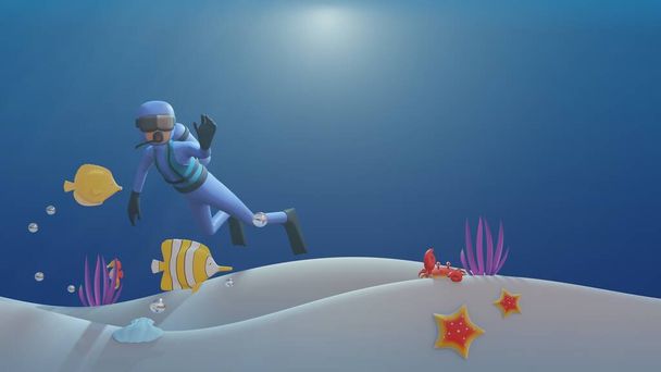 Plantilla de banner del día del Océano Mundial con 3d render submarinista - Foto, Imagen
