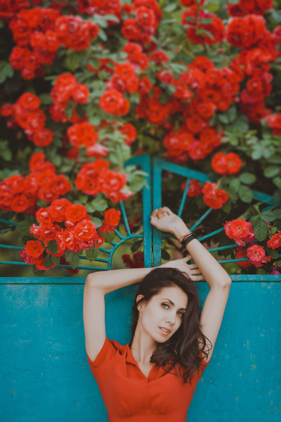 Beautiful portrait of sensual brunette woman holding red roses. Toned image. - Foto, Imagen