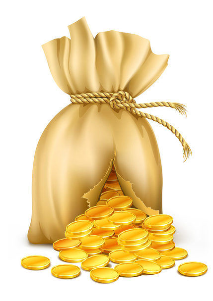 agrietado saco cableado por cuerda con monedas de oro - Vector, Imagen